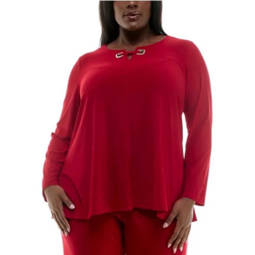 NWT Nina Leonard Bold Red Long Sleeve Matte Jersey Wrinkle resistant shirt